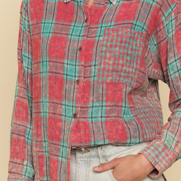 MYSTREE Vintage-Inspired Plaid Button-Up Shirt, Red Teal Checkered Patchwork - Picture 7 of 7